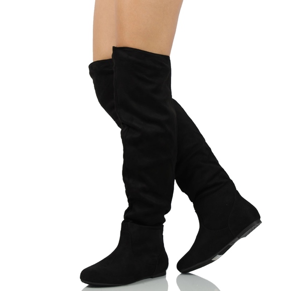 Shoes - Black Slouchy Over The Knee Pull On Flat Boot